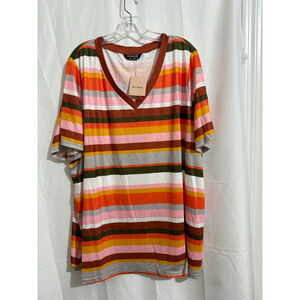 Women's BLOOMCHIC Plus 26 Multi-color Striped V-Neck Short Sleeve Tee